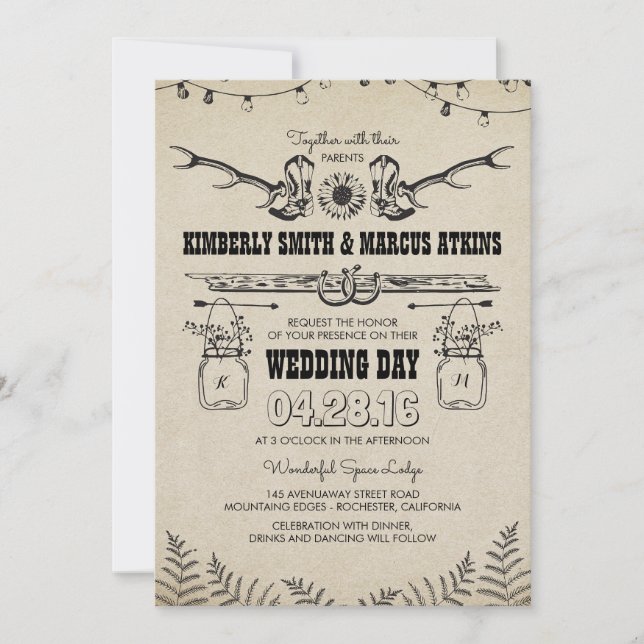 Invitación Cowboy Boots País girasol Rústico Boda de granero (Anverso)