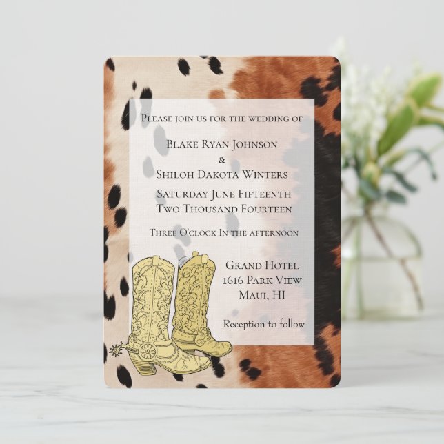 Invitación Cowboy Boots, Piel de vaca negro crema marrón (Anverso de pie)