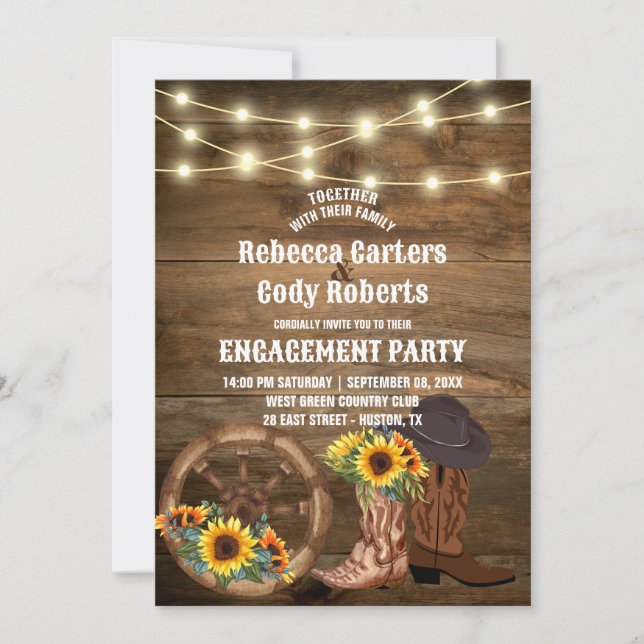 Invitación Cowboy Boots Sunflower Western Engagement Party (Anverso)
