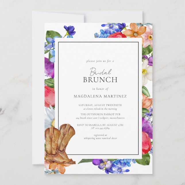 Invitación Cowboy Boots y Wilflower Bridal Shower (Anverso)