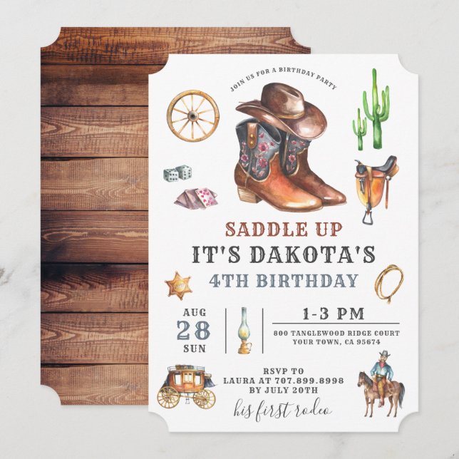 Invitación Cowboy Boy 4 Birthday Invitation (Anverso / Reverso)