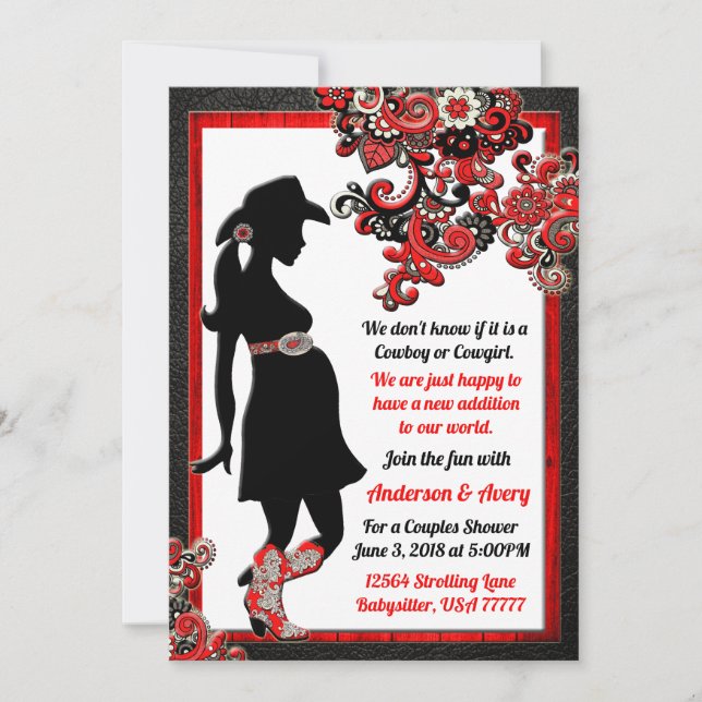 Invitación Cowboy Cowgirl Black Leather Red White Couples (Anverso)