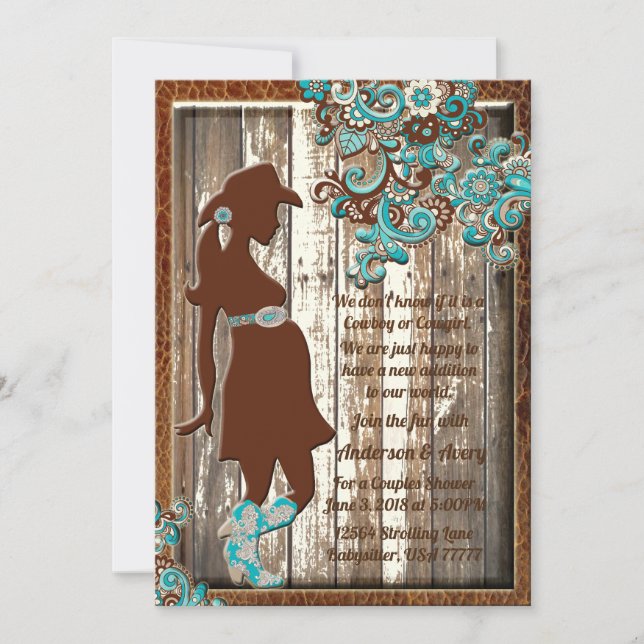 Invitación Cowboy Cowgirl Turquoise Brown Parejas Baby Shower (Anverso)