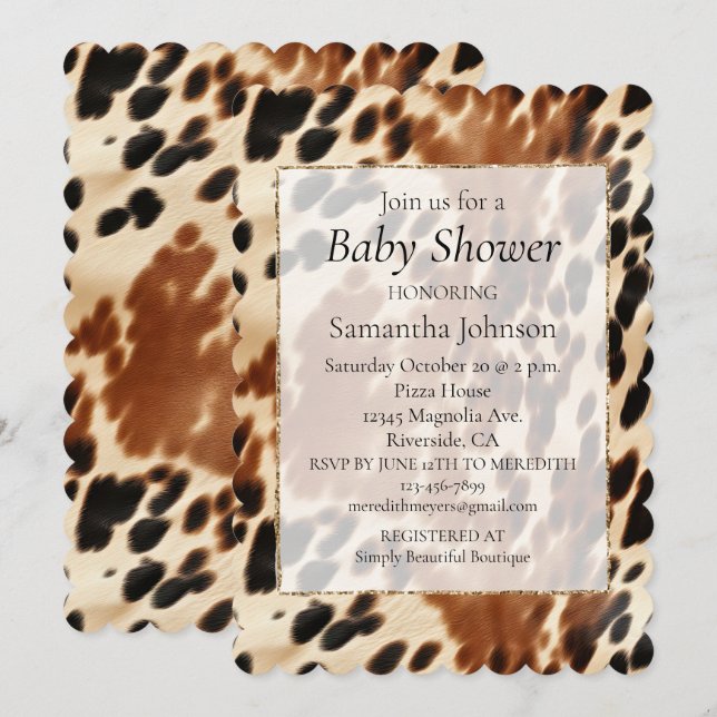 Invitación Cowboy Cream Brown Black Piel de vaca (Anverso / Reverso)