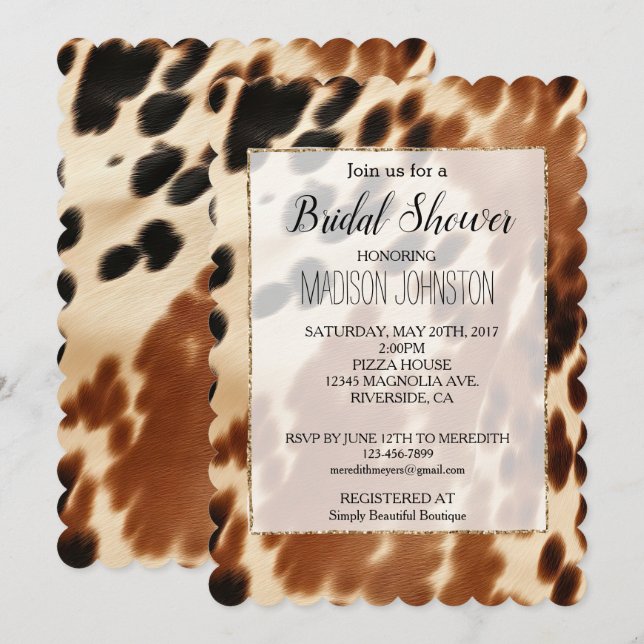 Invitación Cowboy Cream Brown Black Piel de vaca (Anverso / Reverso)
