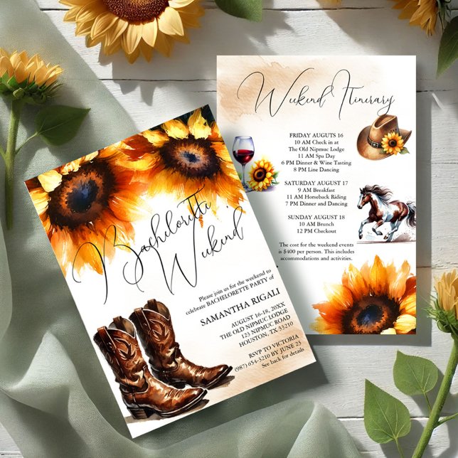 Invitación Cowboy de girasol amarillo bota fin de semana de B (Bachelorette weekend itinerary invitations country sunflowers, cowboy boots, hat, horse and wine art)