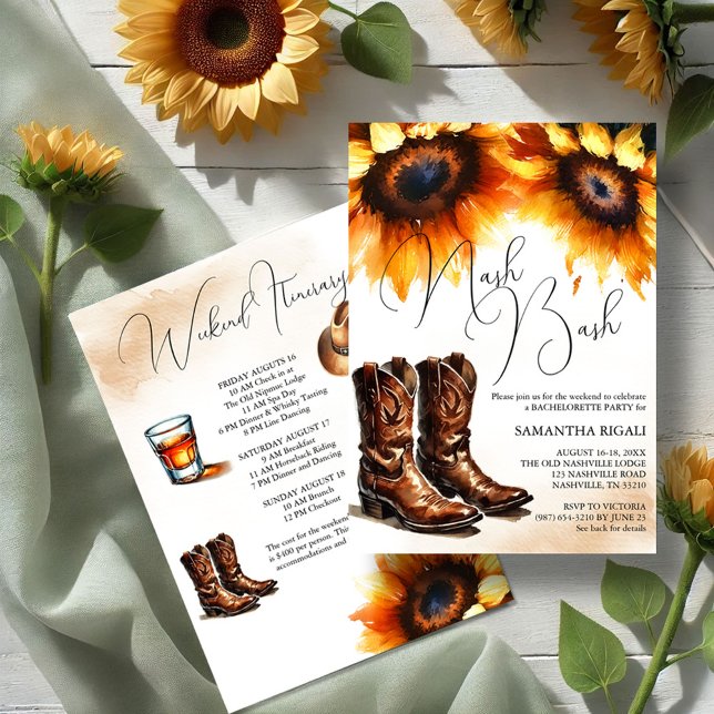 Invitación Cowboy de girasol amarillo bota fin de semana de B (Nash bash watercolor cowgirl girls weekend invitations cowboy boots and sunflowers itinerary )