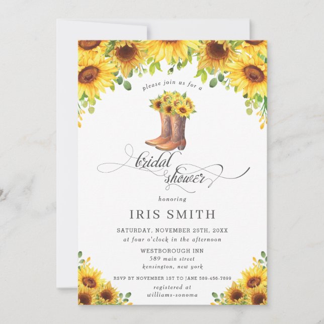 Invitación Cowboy de girasol bota el campo ducha de novia (Anverso)