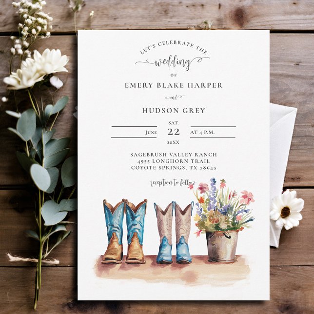 Invitación Cowboy del país bota flores silvestres Boda ruso (country wedding invitation rustic western barn chic modern watercolor cowboy boots wildflowers)