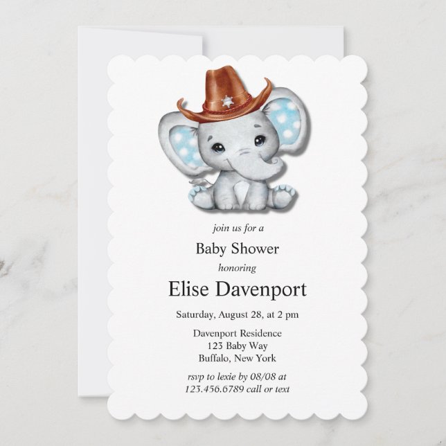 Invitación Cowboy Elephant Boy Baby Shower (Anverso)