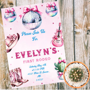 Invitación Cowboy Fiesta Cactus, guitarra rosa, cumpleaños