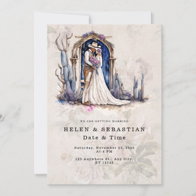 Invitación Cowboy Floral Boda occidental Boda ruso (Anverso)