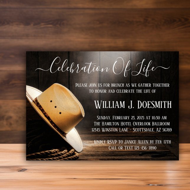 Invitación Cowboy Funeral Memorial Service (Cowboy hat and rope memorial and funeral announcement. Simply add your event details.)