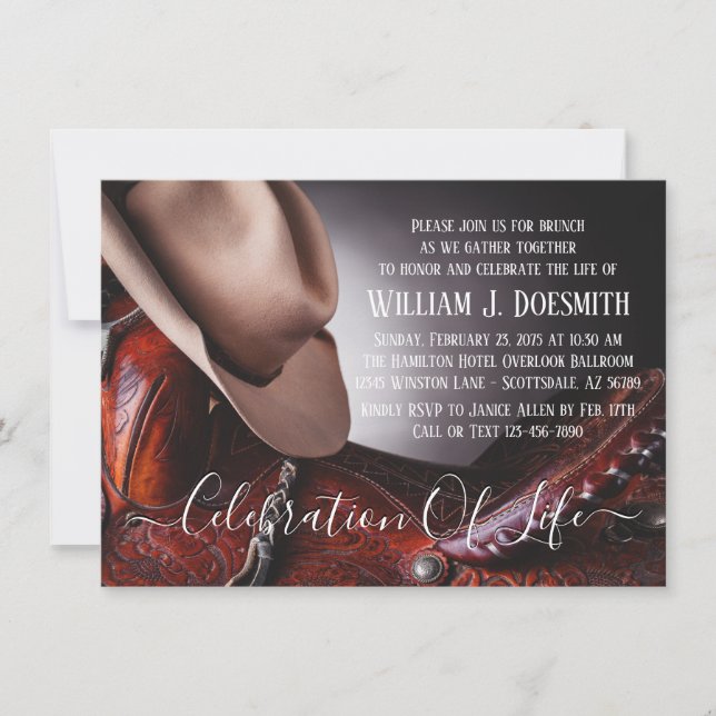 Invitación Cowboy Gorra Saddle Funeral Memorial Service (Anverso)