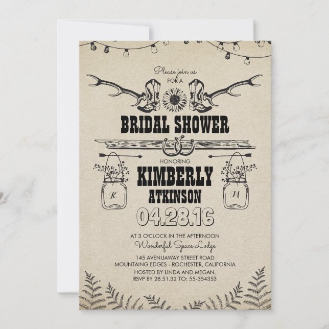 Invitación Cowboy impulsa la ducha de novias en un campo rúst (Anverso)