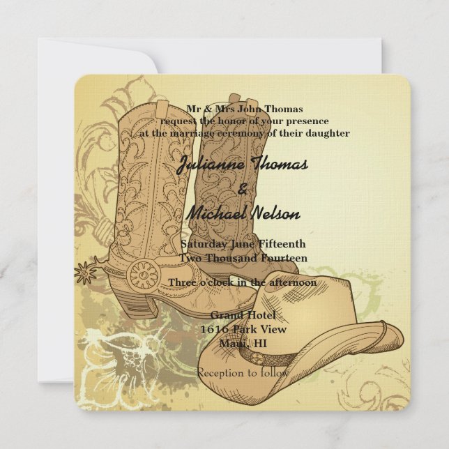 Invitación Cowboy occidental Boots Boda Gorra (Anverso)