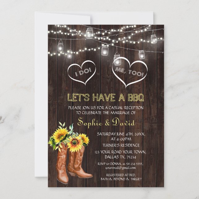 Invitación Cowboy occidental bota girasoles que hago barbacoa (Anverso)