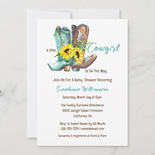 Invitación cowboy occidental, botas de vaquero, ducha de bebé (Anverso)