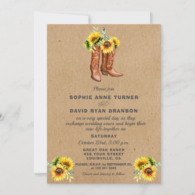 Invitación Cowboy occidental bots Country Sunflowers Boda (Anverso)
