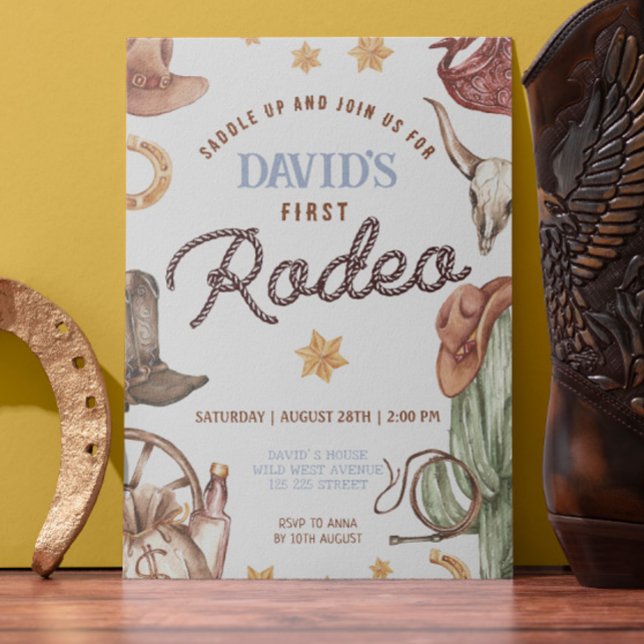 Invitación Cowboy Ranch Wild West Primera fiesta de cumpleaño (Boy 1st Rodeo Cowboy party Invitations Digital or Printed Cowboy Template Personalized)