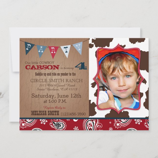 Invitación Cowboy Red Bandanna Tema Occidental Cumpleaños (Anverso)