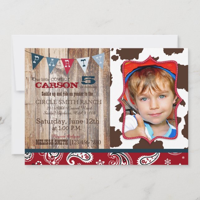 Invitación Cowboy Red Bandanna Tema Occidental Cumpleaños (Anverso)