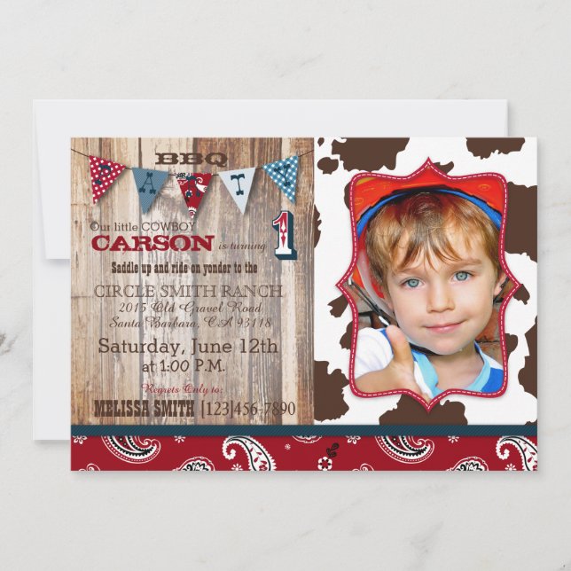 Invitación Cowboy Red Bandanna Tema Occidental Cumpleaños (Anverso)