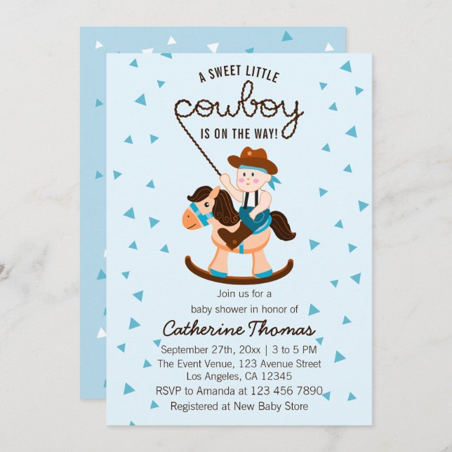 Invitación Cowboy Rocking Horse Blue Boy Baby Shower (Anverso / Reverso)
