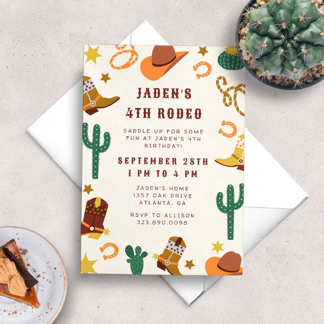 Invitación Cowboy Rodeo Western Birday Party (Cowboy themed boy's birthday party invitation with cacti, cowboy boots, hats, lassos and more.)