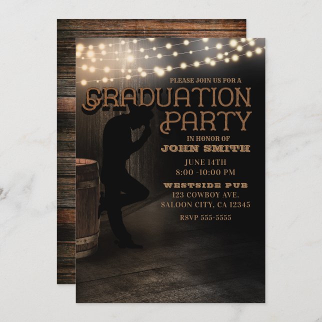Invitación Cowboy Rustic Country Saloon Pub Graduation Party (Anverso / Reverso)