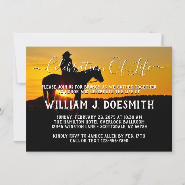 Invitación Cowboy Sunset Funeral Memorial Service (Anverso)