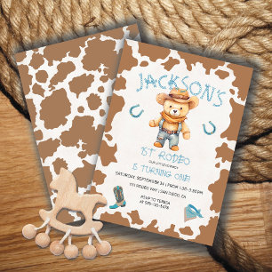 Invitación Cowboy Teddy Bear 1er patrón Rodeo Vaca Cumpleaños