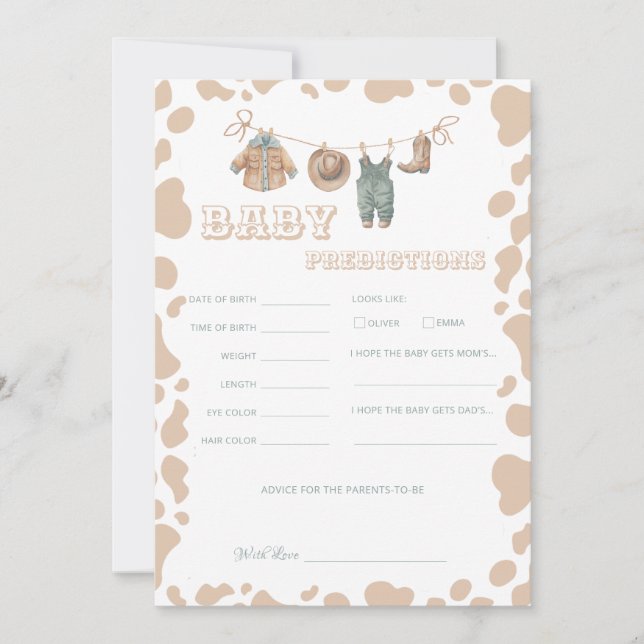 Invitación Cowboy Western Baby Shower predice juego divertido (Anverso)