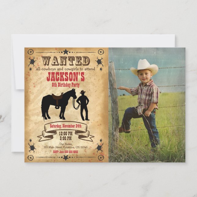 Invitación Cowboy Western Birthday Invitation / Wanted Poster (Anverso)