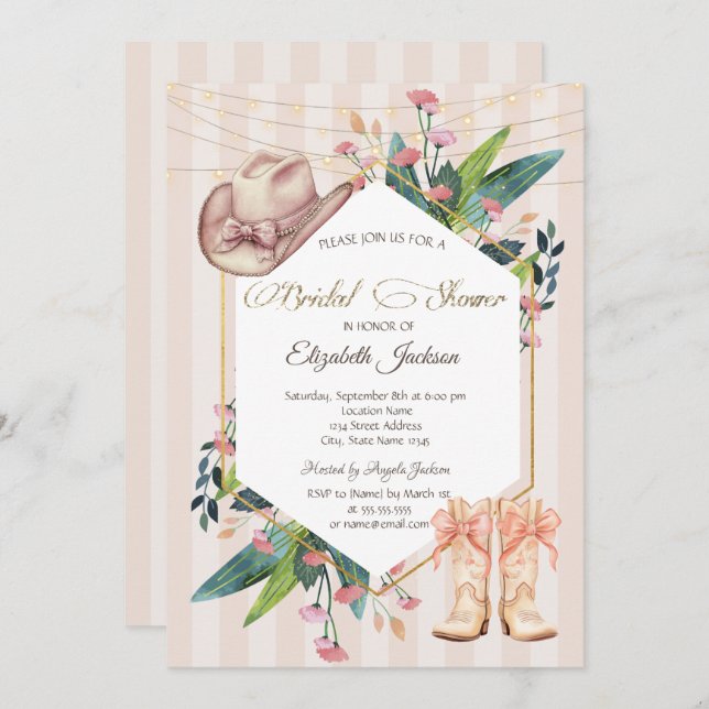 Invitación Cowboy Western Floral Frame Striped Bridal Shower  (Anverso / Reverso)