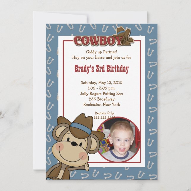 Invitación Cowboy Western Monkey 5x7 *FOTO* Cumpleaños (Anverso)