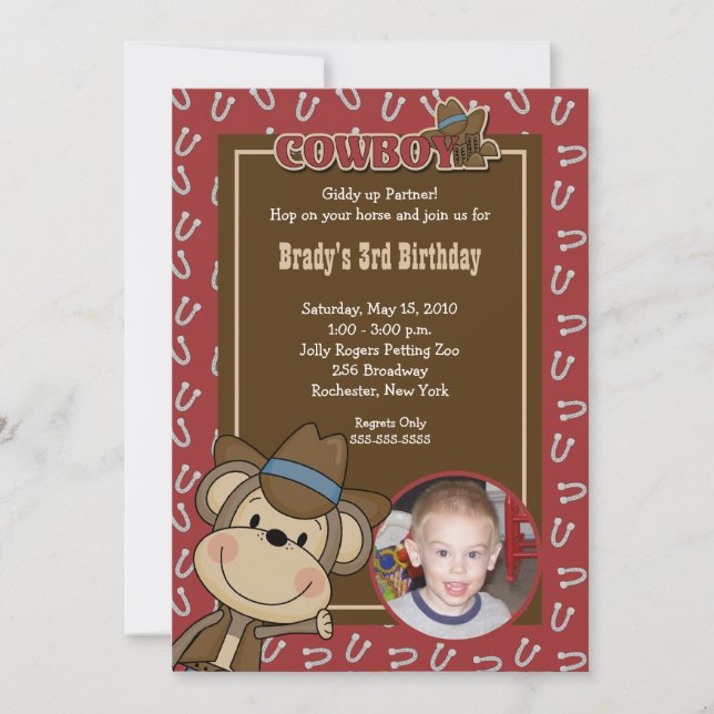 Invitación Cowboy Western Monkey 5x7 *FOTO* Cumpleaños (Anverso)
