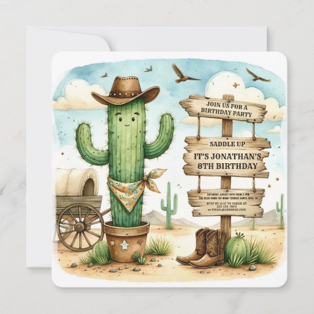 Invitación Cowboy Wild Western Cactus Birthday Party (Anverso)