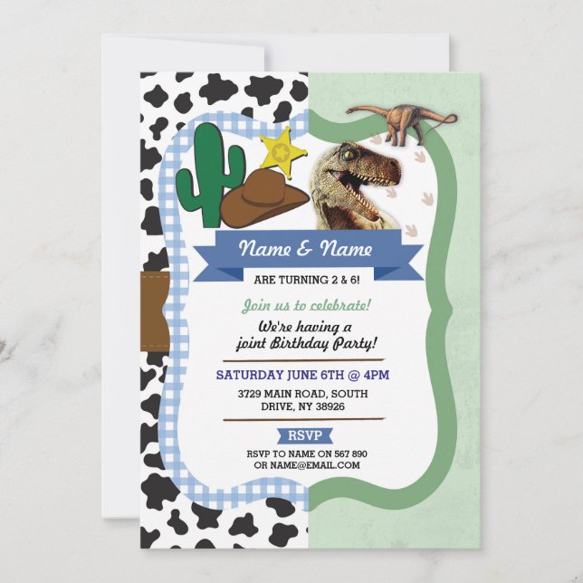 Invitación Cowboy y Dinosaur Boys Brothers Cumpleaños invitan (Anverso)