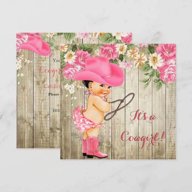 Invitación Cowgirl Baby Shower Pink Boots Floral Brunette (Anverso / Reverso)