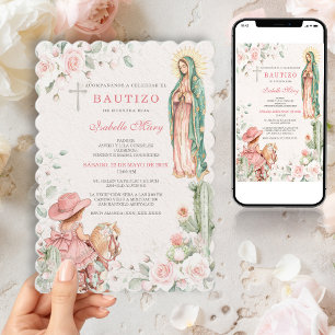 Invitación Cowgirl Bautizo Niña Virgen de Guadalupe Rubor