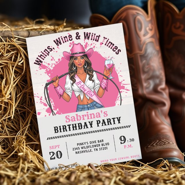 Invitación Cowgirl Birthday Party Whips Wine & Wild Times (Cowgirl Birthday Party Whips Wine & Wild Times Invitation
)