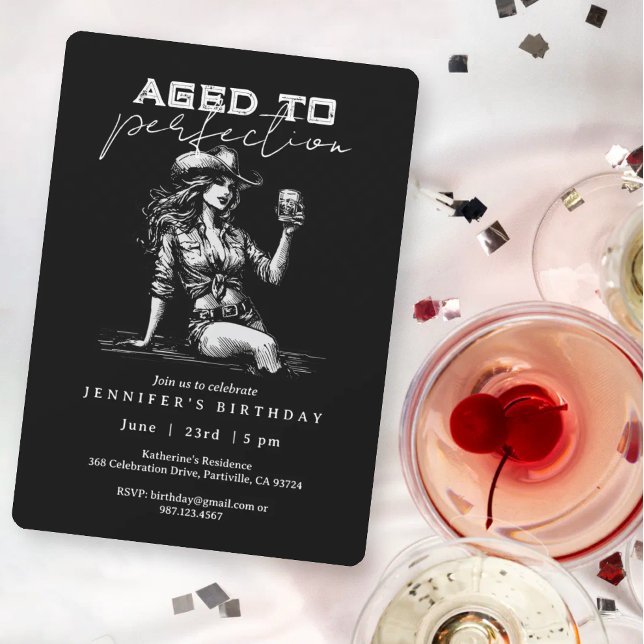 Invitación Cowgirl Black Aged to Perfection Birthday Party (Subido por el creador)