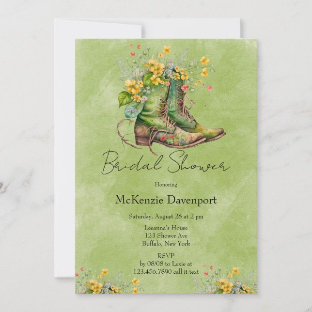Invitación Cowgirl Boots Flores salvajes Ducha verde de novia (Anverso)