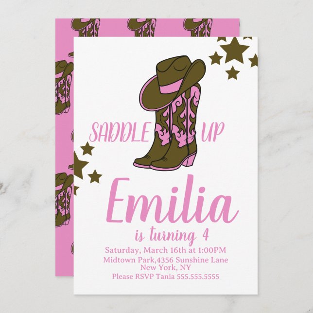 Invitación Cowgirl Boots Horse Themed Birthday Pink (Anverso / Reverso)