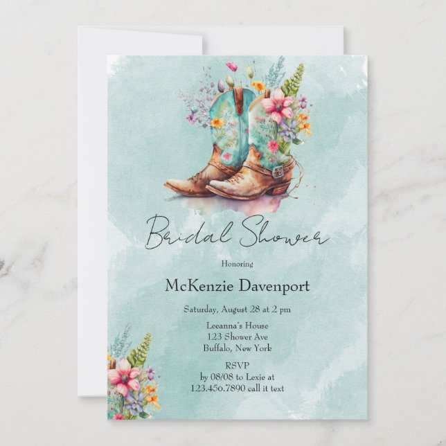 Invitación Cowgirl Boots Wildflowers Aqua Bridal Shower (Anverso)