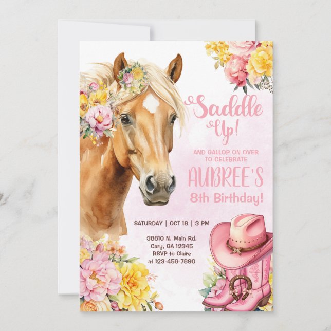 Invitación Cowgirl, brown horse, saddle up birthday invite. (Anverso)