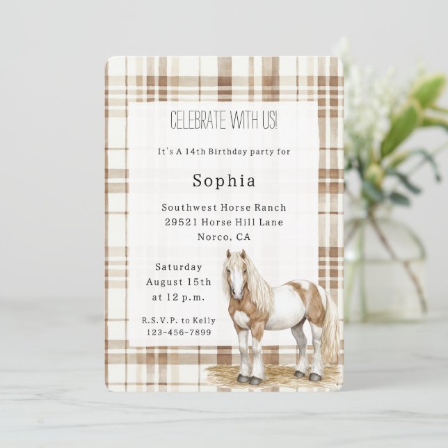 Invitación Cowgirl Brown Plaid Stripes Horse Birthday   (Anverso de pie)