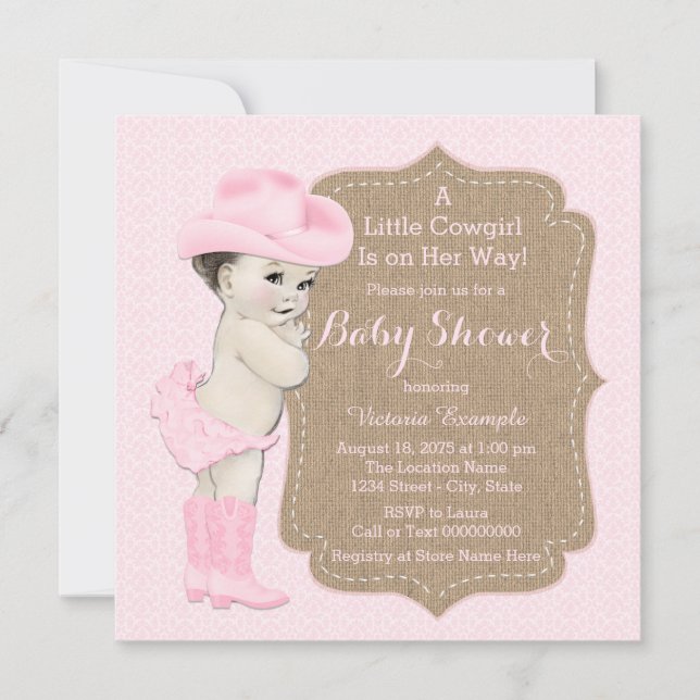 Invitación Cowgirl Burlap Baby Shower (Anverso)