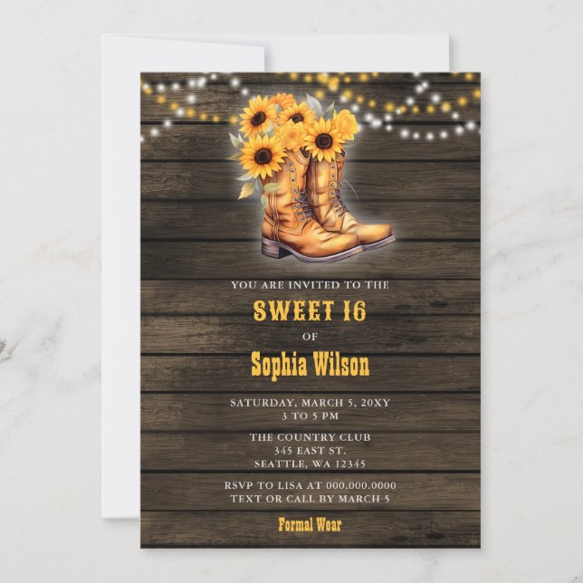 Invitación Cowgirl de girasol Boots Barn Wood dulce occidenta (Anverso)